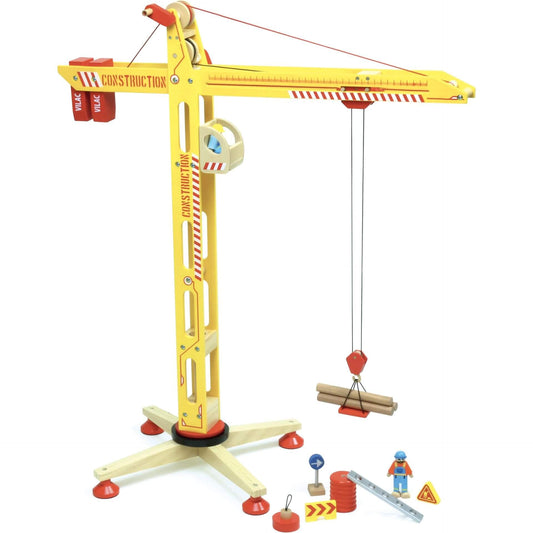 •	Large toy Crane in a colourful yellow design. Includes a winch, extendable boom and magnets to pick up the cargo.