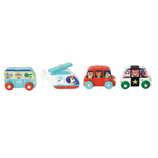 Wooden magnetic car set - able to make 4 vehicles. Illustrated by Ingela P. Arrhenius.