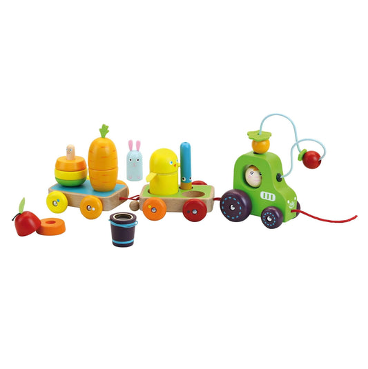 Wooden multi activity tractor. Encourages children to explore stacking the toys, designed to improve motor function and hand-eye coordination, but all while ensuring fun is part of the learning.
