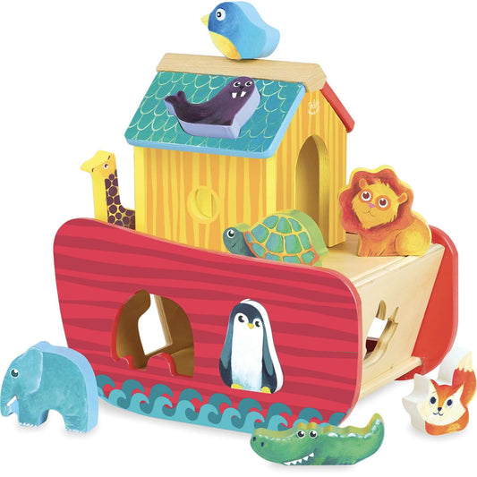 •	Colourful Noah's Ark shape sorter toy in vintage design. Helps develop motor and coordination skills and encourages children to discover the correct method in order to load the animals onto the ark. Includes wooden ark and 9 animal shapes