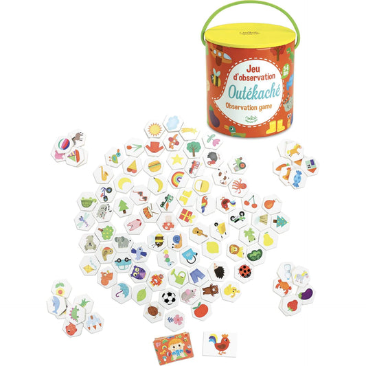 A fun search puzzle to play with friends which requires observation and speed. Includes 100 wooden chips and 100 picture cards.
