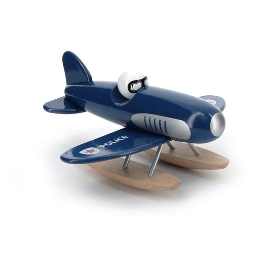 This toy is an attractive police themed blue design, this wooden seaplane complete with a pilot to fly you into new adventures.