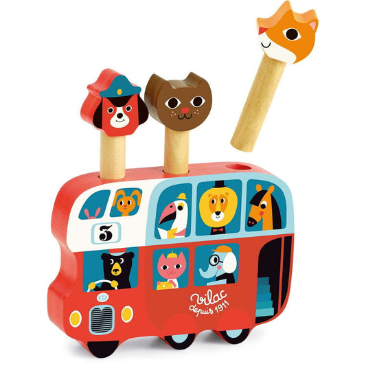  Brightly coloured wooden bus. The animals on the top deck can be pushed down to make them bounce up from their seat.