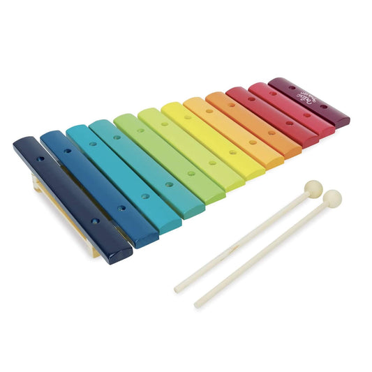 Vilac Rainbow Xylophone, featuring 12 colourful notes and accompanied by two beaters. Solid wood and metal construction.