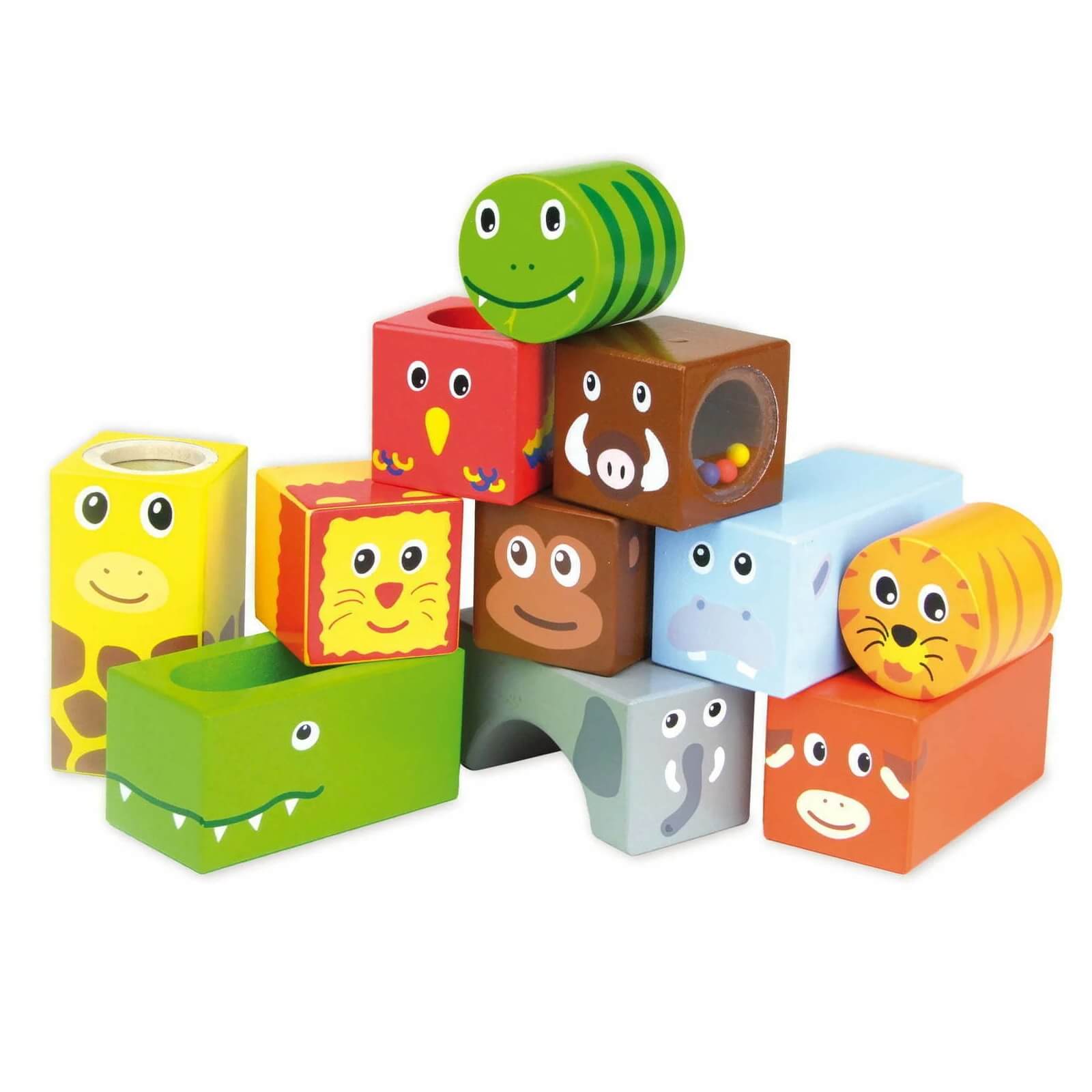 Vilac Savannah Musical Blocks made to keep your child entertained with sound No need for batteries or electronics as the blocks create soft noises that are the perfect volume for a child.