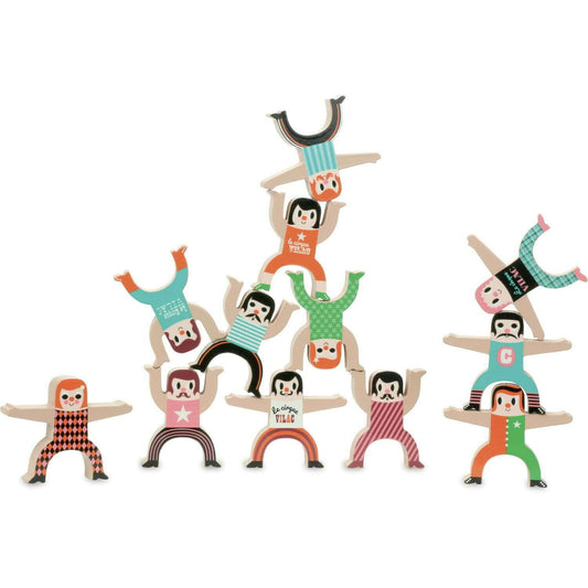 This wooden stacking game features 12 tightrope walkers.