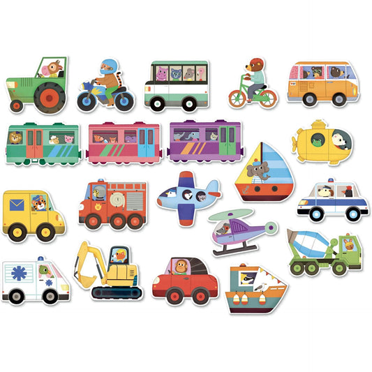 Illustrated magnets decorated with a variety of transport vehicles.