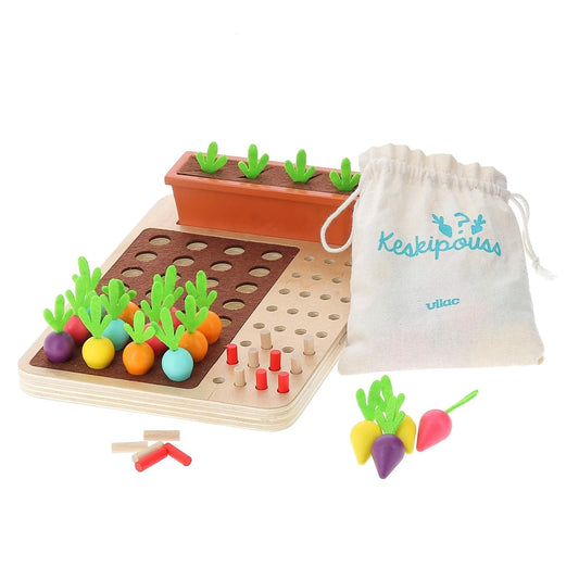 Vilac Toys Vegetable-themed wooden logic game, fostering hand-to-eye coordination and problem-solving skills in creative play. Crafted from wood, ensuring safety and ease of use for little ones.