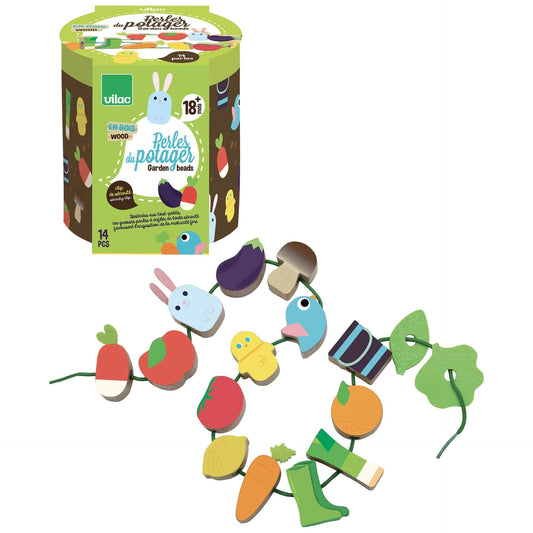 Threading game with wooden beads featuring themes – vegetables, fruits and animals.