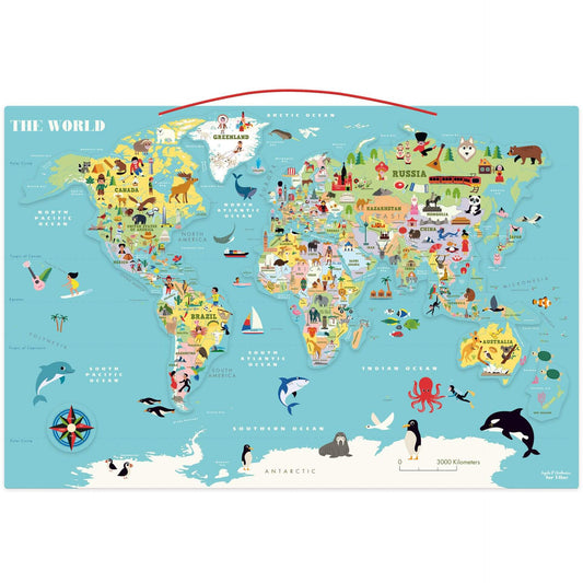 Colourful magnetic world map. Includes 86 wooden magnets and 1 large background.