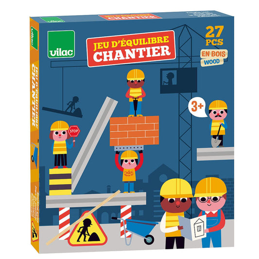 Packaging of a Construction Site Balancing Game featuring colourful illustrations of construction workers and 27 wooden pieces for stacking fun.