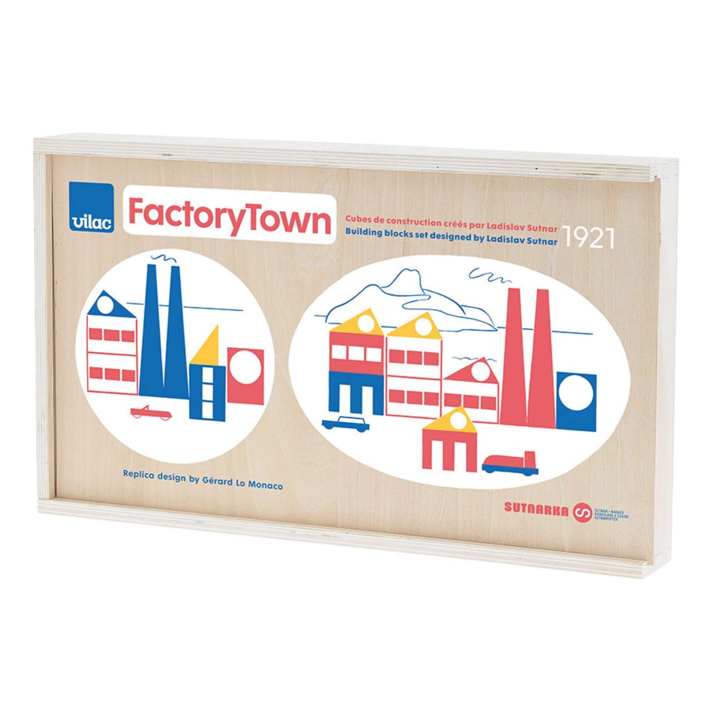 Red, blue and yellow blocks packaged in a wooden box with retro-style factory town illustrations.