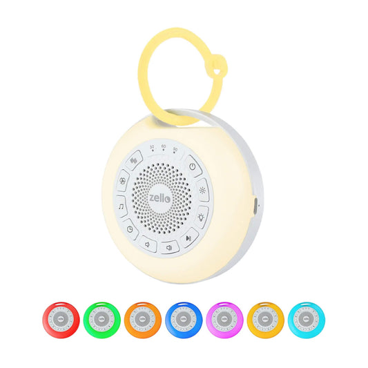 Portable White Noise Machine pictured with interchangeable coloured light options displayed in red, green, orange, blue, pink, gold, and turquoise.