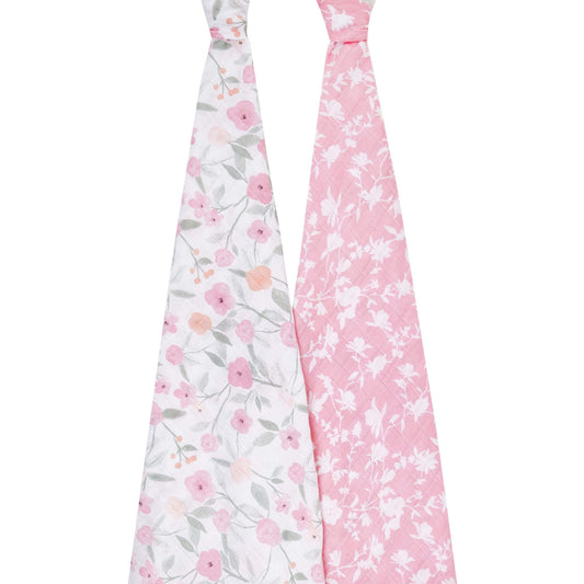 Two Aden + Anais muslin swaddles in Ma Fleur print, featuring pink and white floral designs on soft, breathable cotton fabric.