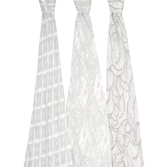 3-pack Culture Club Silky Soft aden + anais Swaddles featuring elegant grey and white patterns, made from breathable viscose bamboo muslin for delicate baby skin.