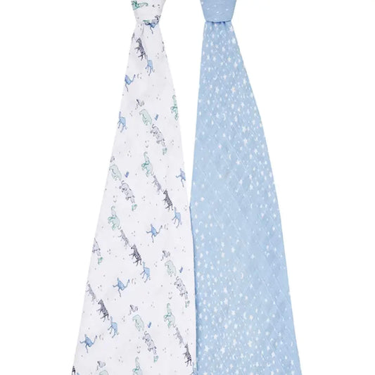 aden + anais Boutique 2-pack swaddles in Rising Star print, boxed for gifting. Includes safari and star design on soft cotton muslin.