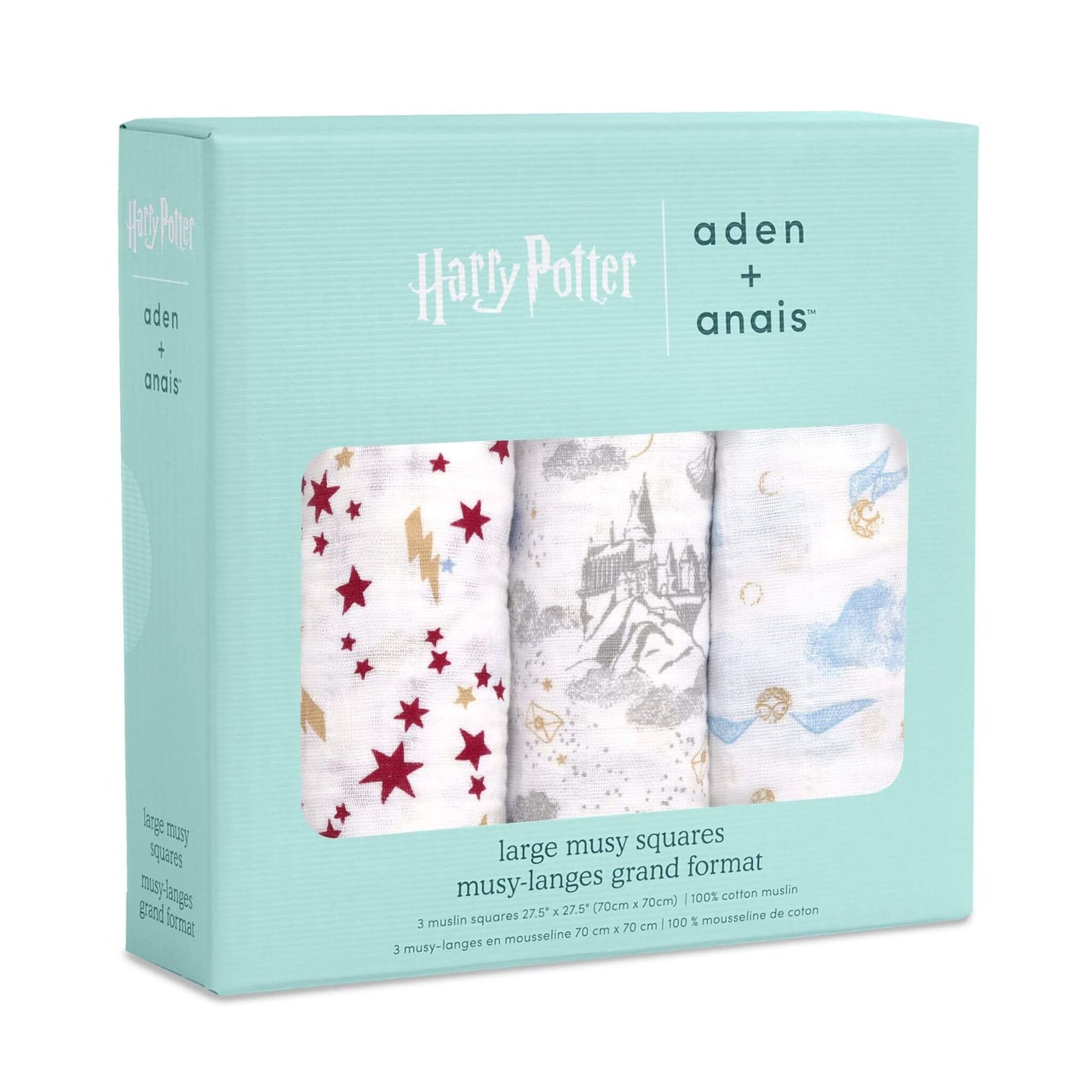 Boxed set of three Harry Potter-themed cotton muslin squares by aden + anais in aqua packaging.
