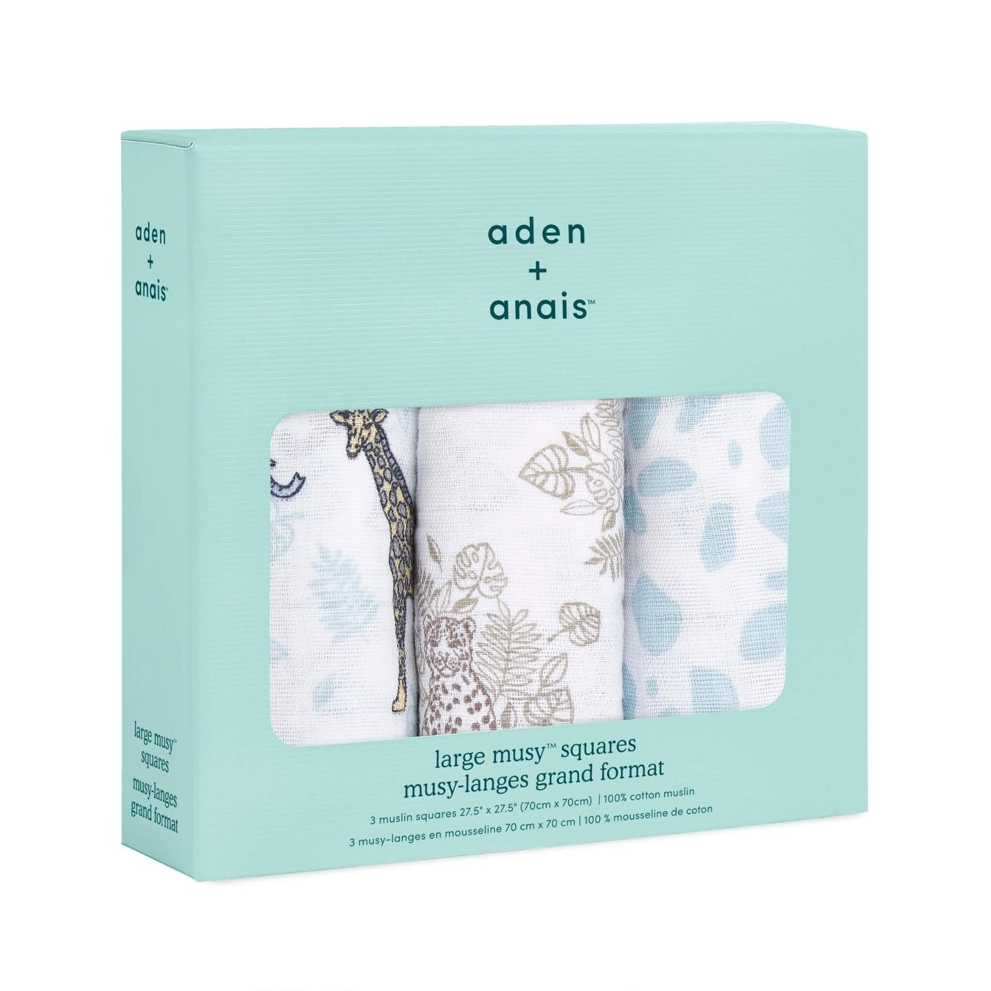 Boxed set of three aden + anais jungle-themed muslin squares in aqua packaging with animal and leaf prints.