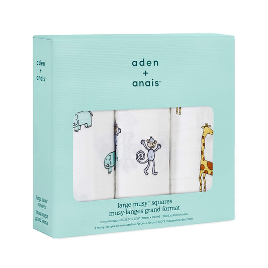 Boxed set of three aden + anais Jungle Jam muslin squares featuring elephant, monkey and giraffe prints.