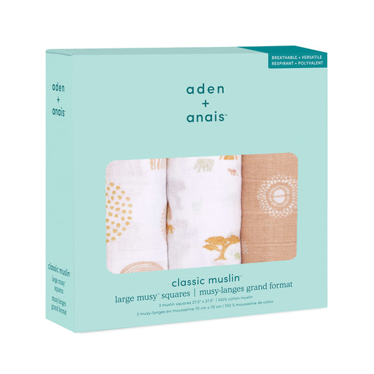 Boxed set of three aden + anais Keep Rising muslin squares in warm rust and mustard tones with playful nature prints.