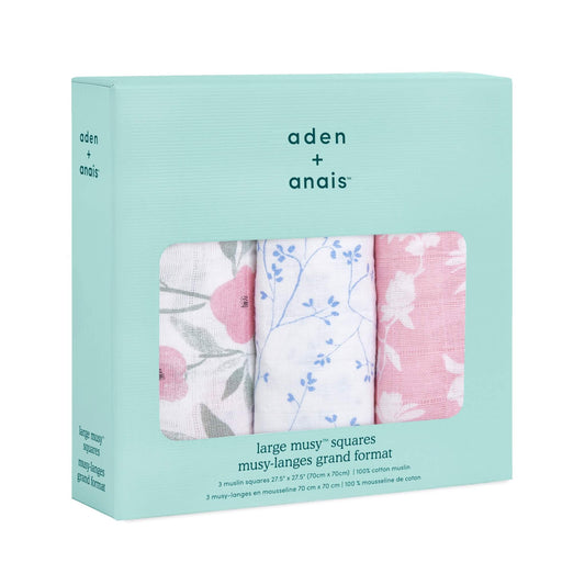 Boxed set of three aden + anais Ma Fleur muslin squares in delicate floral designs, shown in aqua packaging.