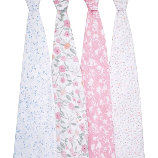 aden + anais Ma Fleur cotton swaddles 4-pack hanging to show full floral designs.