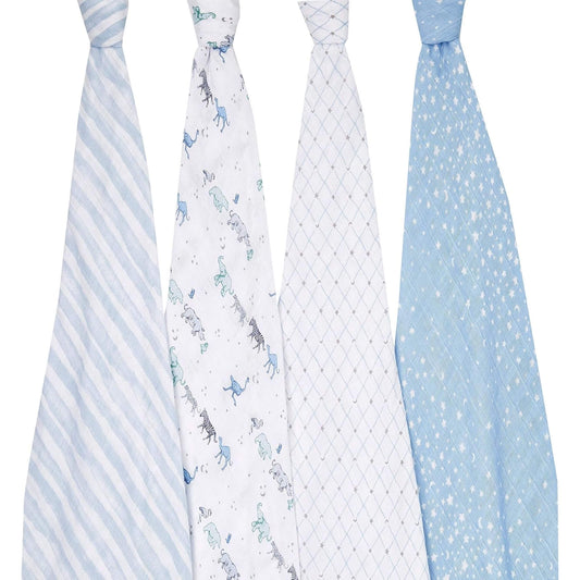 aden + anais cotton muslin swaddles from the Rising Star collection. Four soft, breathable swaddles with safari animals, stars, and classic patterns.