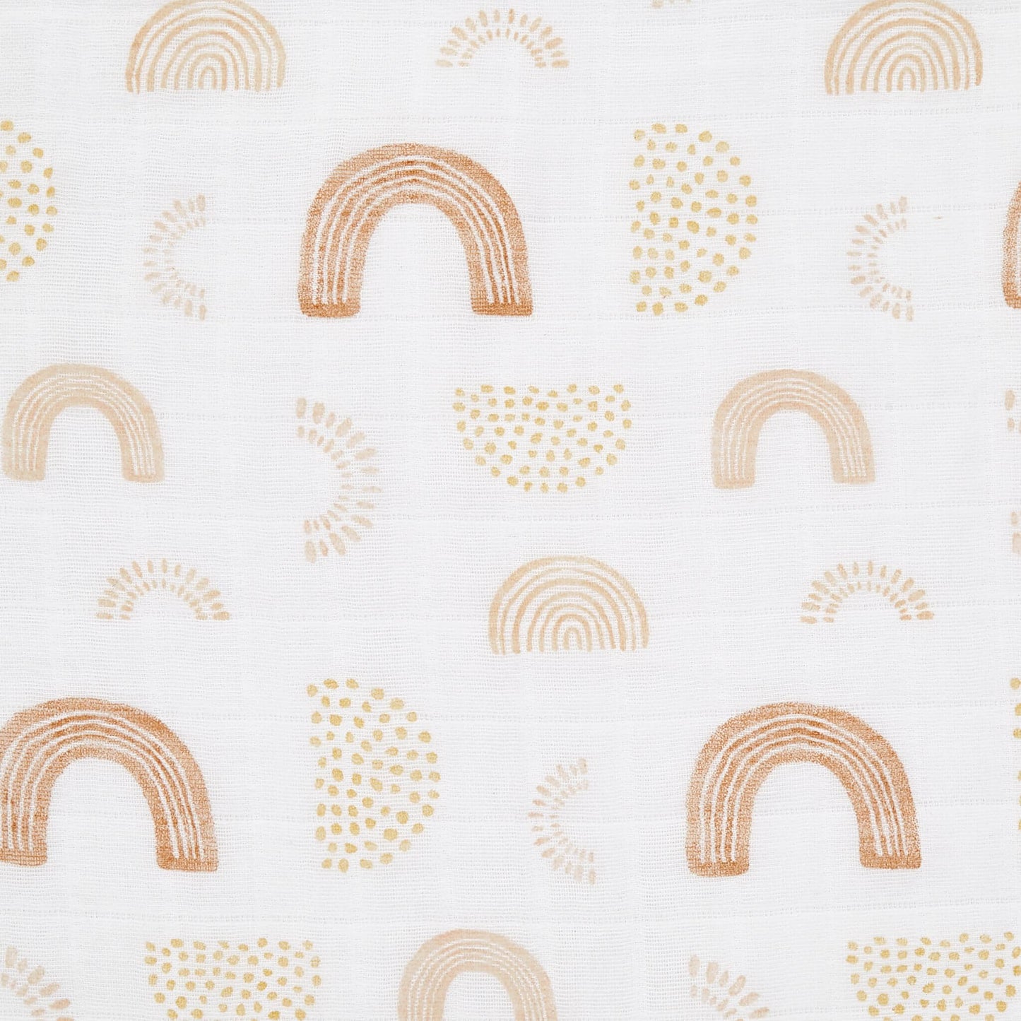 Aden + anais Keep Rising swaddle fabric with dotted rainbows and sunbursts in mustard and clay tones. Breathable cotton muslin for swaddling and cuddling.