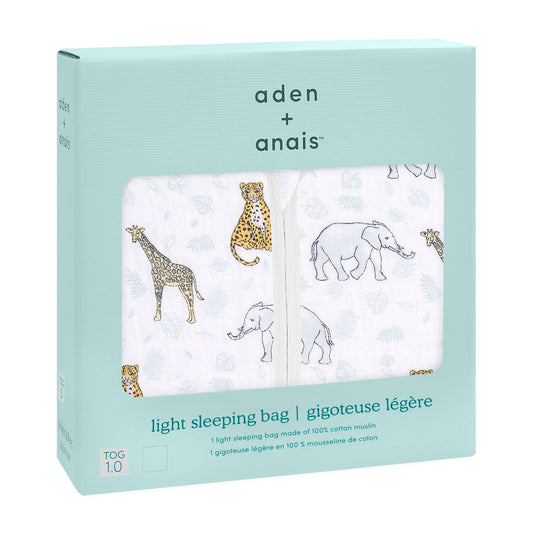 aden + anais Jungle Jam Light Sleeping Bag in 1.0 TOG, shown in branded gift box packaging.