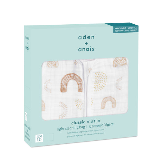 aden + anais Keep Rising Light Sleeping Bag in 1.0 TOG, packaged in signature mint green box with rainbow print visible through the window.