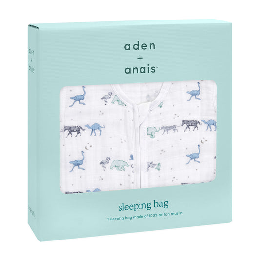 aden + anais Rising Star Light Sleeping Bag in 1.0 TOG, displayed in branded mint green box with animal print visible through the window.