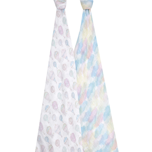 Two unrolled aden + anais organic swaddles in balloon and cloud prints, hanging side-by-side to show full design detail and size.