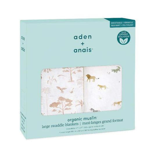 Aden + Anais Safari Dreams 2-pack swaddle set in branded retail packaging, featuring organic cotton muslin swaddles with animal safari prints.