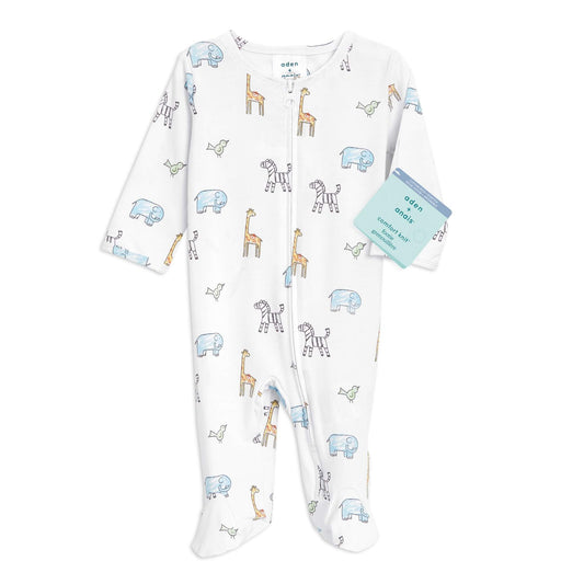 aden + anais comfort knit™ zip-up footie in Jungle Jammin animal print. Includes branded tag showing soft stretch fabric for 0–3 months.
