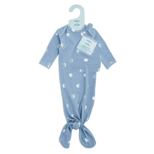 Packaged aden + anais Comfort Knit™ Gown & Hat Set in Blue Moon. Includes hanger and tag, ready for gifting.