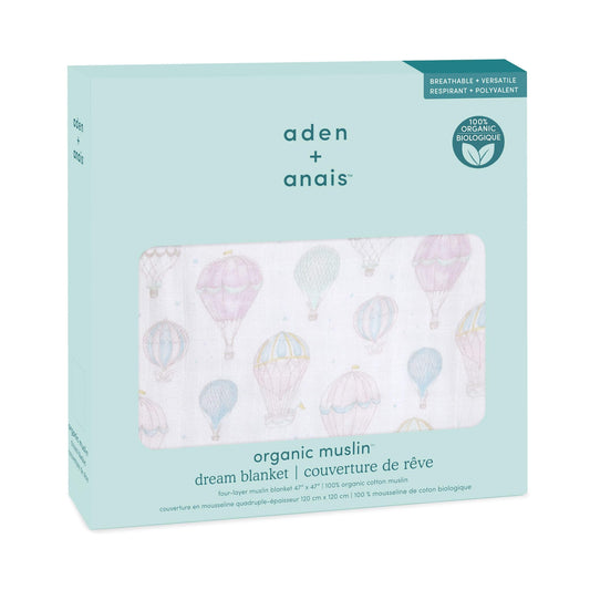 aden + anais organic cotton dream blanket in retail box, showing the pastel hot air balloon design and GOTS certified label on a mint green background.