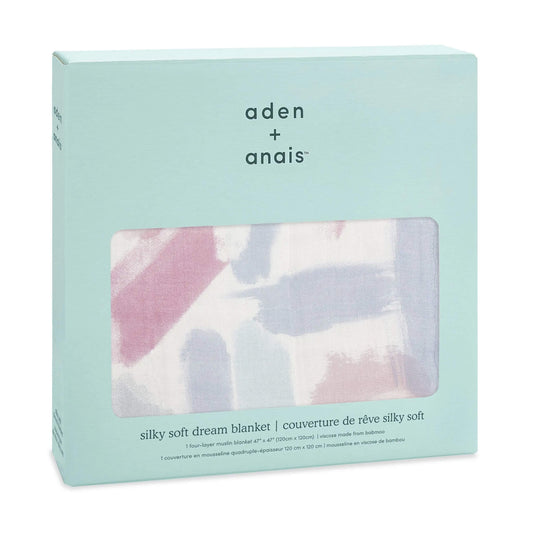 aden + anais Silky Soft Dream Blanket in Florentine print, displayed in a mint green gift box. Four-layer bamboo muslin blanket with a dreamy pastel design.