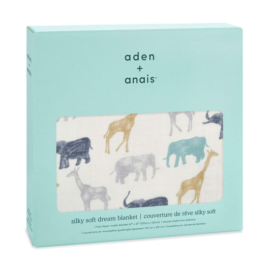 aden + anais Silky Soft Dream Blanket in Expedition print, displayed in branded gift box. Bamboo muslin baby blanket with safari animal design.