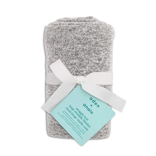 aden + anais Heather Grey Snuggle Knit Swaddle tied with ribbon and gift tag. Ultra soft jersey swaddle blanket for babies.