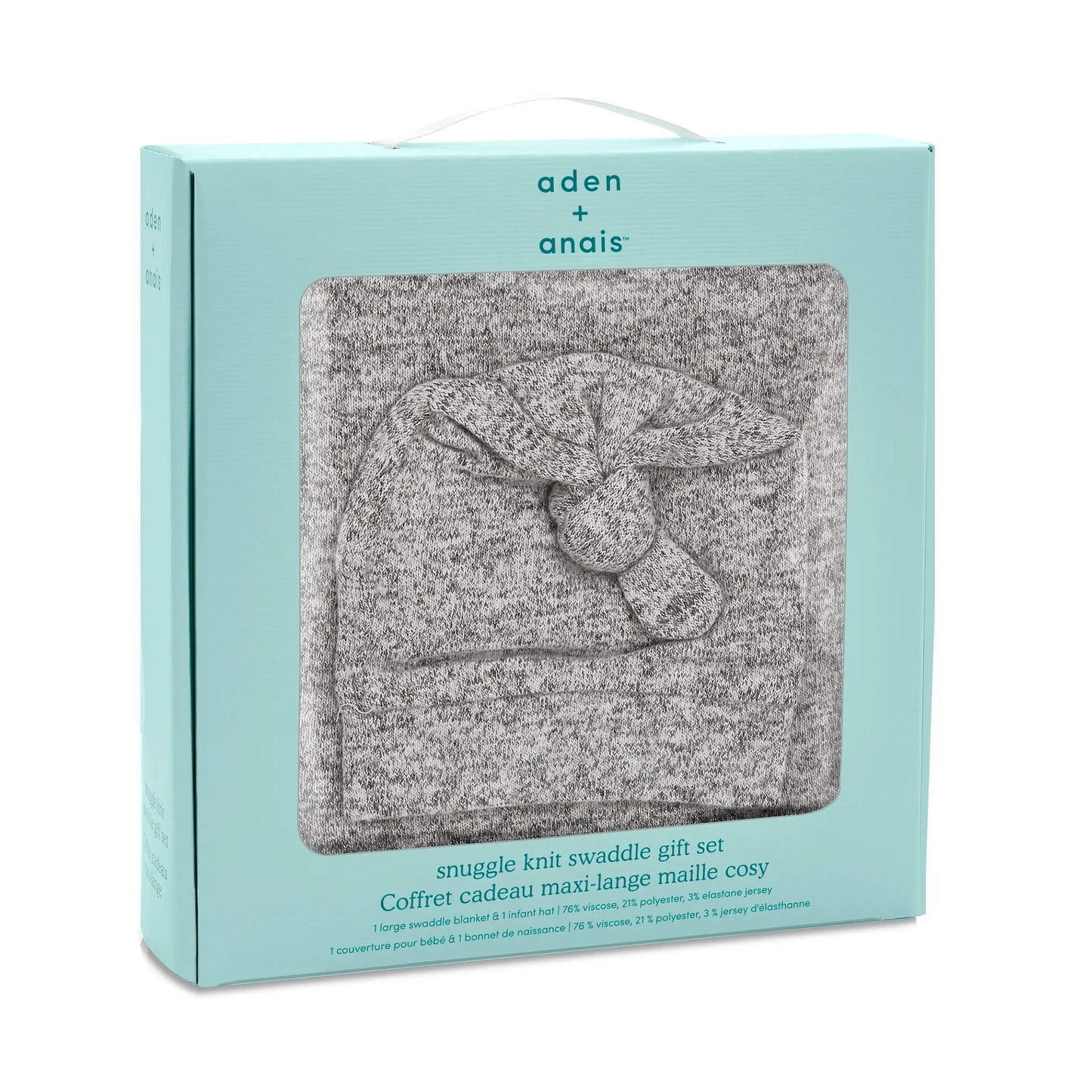 New baby gift box with grey swaddle and knotted baby hat neatly displayed in soft turquoise packaging with window cutout and white carry handle.