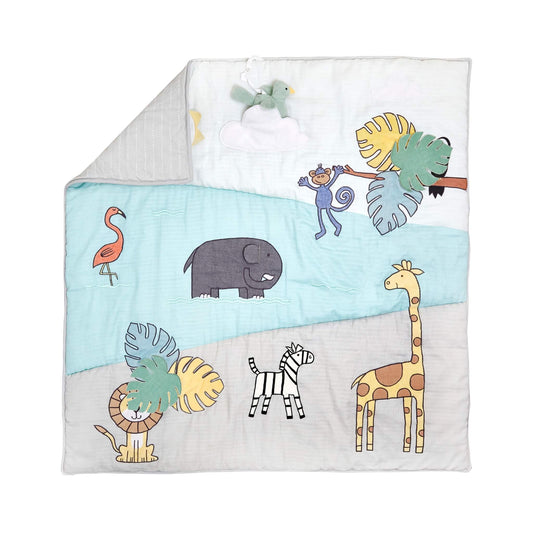 Aden + anais cotton muslin baby playmat partially folded at the corner, showcasing Jungle Jam design with embroidered animals and textured sensory zones.
