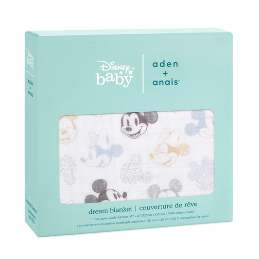 Boxed aden + anais Disney Baby Dream Blanket with Mickey and Minnie Mouse print in neutral tones, displayed through turquoise packaging window.