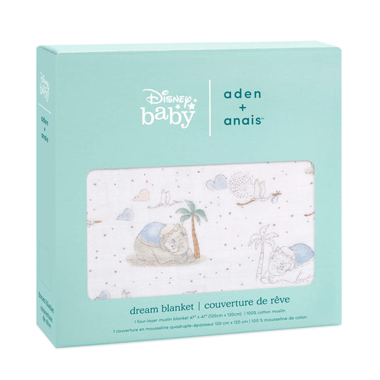 Boxed aden + anais Disney Baby Dream Blanket in the “My Darling Dumbo” print, with a sweet pastel design shown through turquoise packaging.