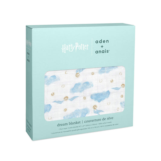 Boxed aden + anais Harry Potter™ Dream Blanket with golden snitch print in blue and gold, shown through packaging window.