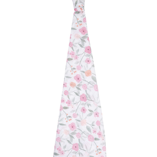 Full view of aden + anais Ma Fleur swaddle with pink and peach floral pattern on lightweight, breathable cotton muslin fabric.