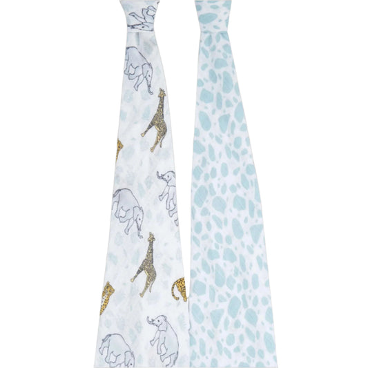 Full-length view of aden + anais Jungle swaddle duo, showing animal and abstract prints on lightweight cotton muslin.