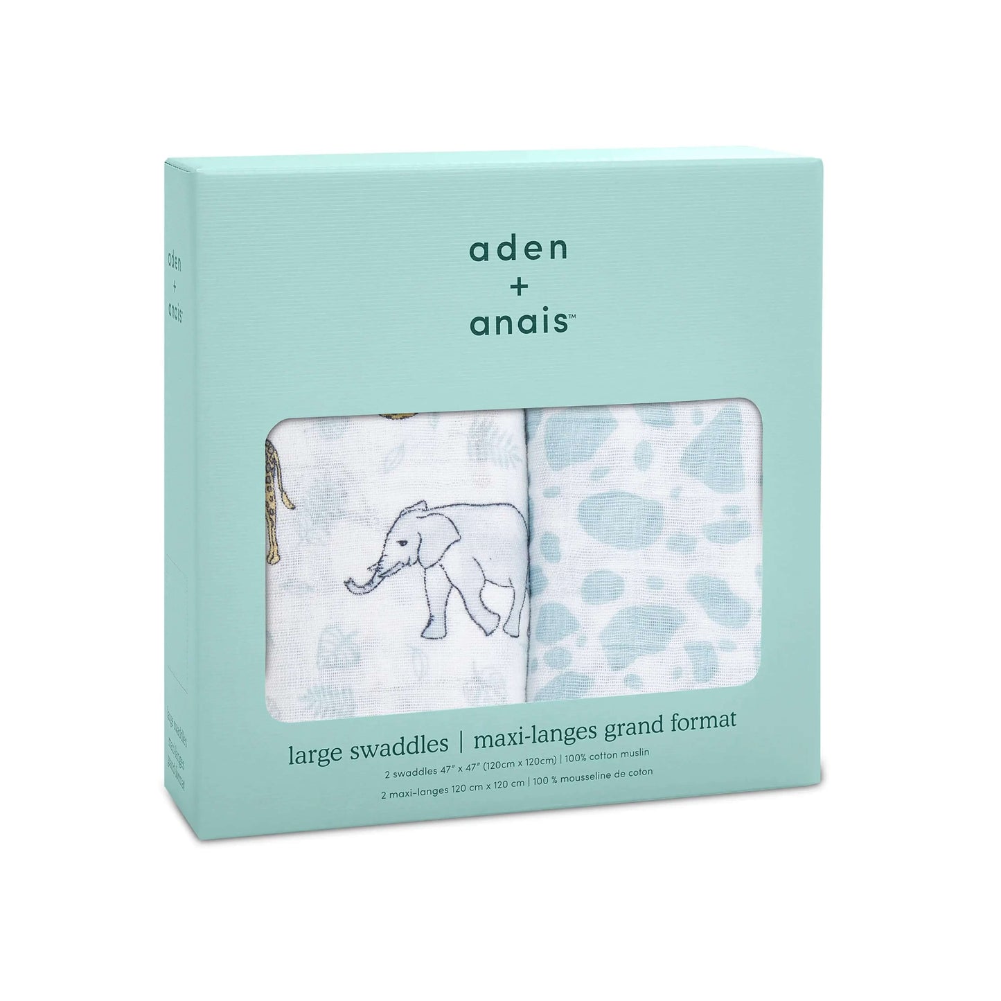 aden + anais Jungle 2-pack swaddles in gift box with safari animal and abstract dot designs. Made from 100% cotton muslin.