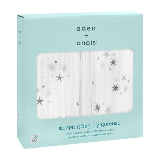 aden + anais Twinkle Light Sleeping Bag in 1.0 TOG, packaged in signature mint green box with grey star print showing through the window.