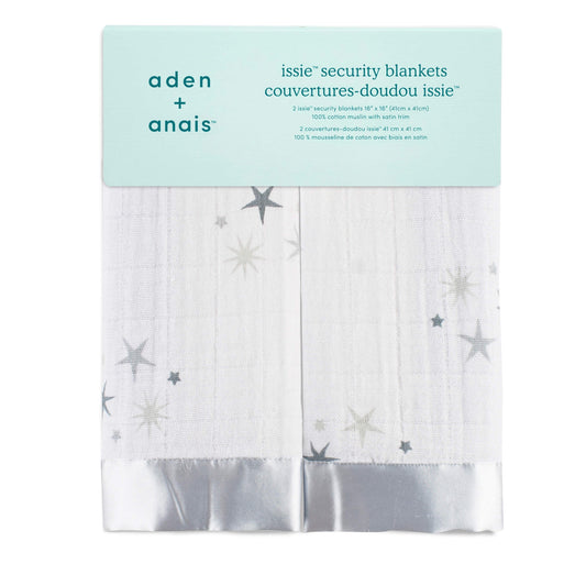 aden + anais Boutique Issie security blankets in Twinkle, shown in original packaging with soft muslin fabric and satin edging visible.