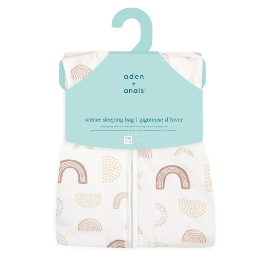 aden + anais winter sleeping bag in Keep Rising print, 2.5 TOG. Packaged in mint green branded hanger box with cotton outer and breathable warmth.